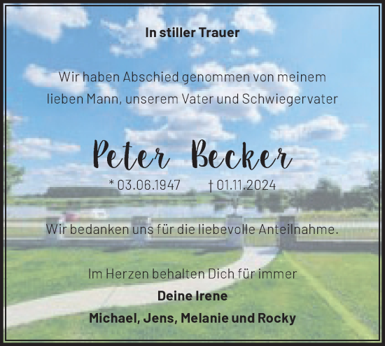 Traueranzeige von Peter Becker von Märkische Oderzeitung