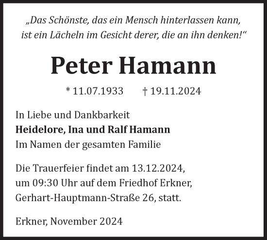 Traueranzeige von Peter Hamann von Märkische Oderzeitung