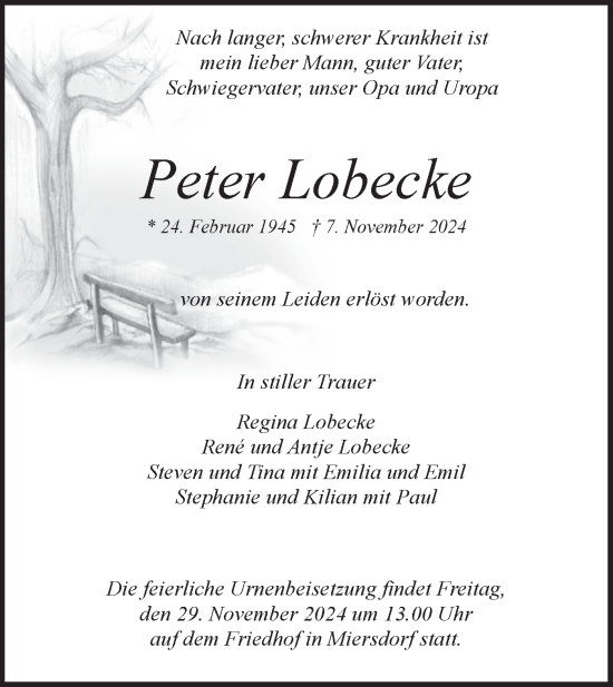 Traueranzeige von Peter Lobecke von Märkische Oderzeitung