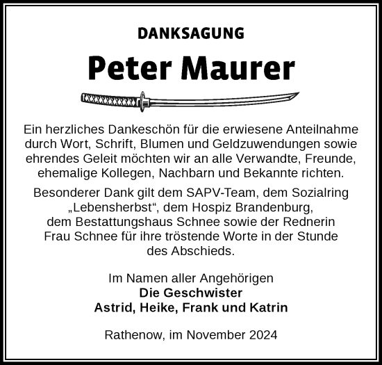 Traueranzeige von Peter Maurer von Märkische Oderzeitung