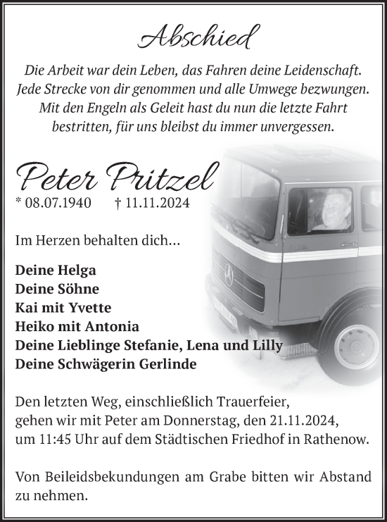 Traueranzeige von Peter Pritzel von Märkische Oderzeitung