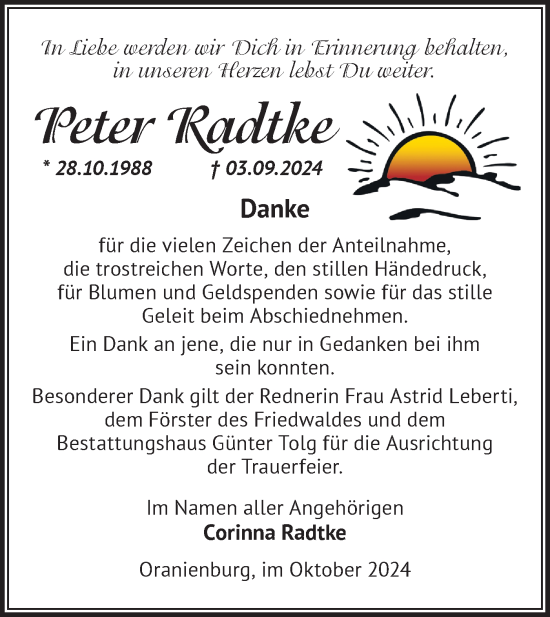 Traueranzeige von Peter Radtke von Märkische Oderzeitung