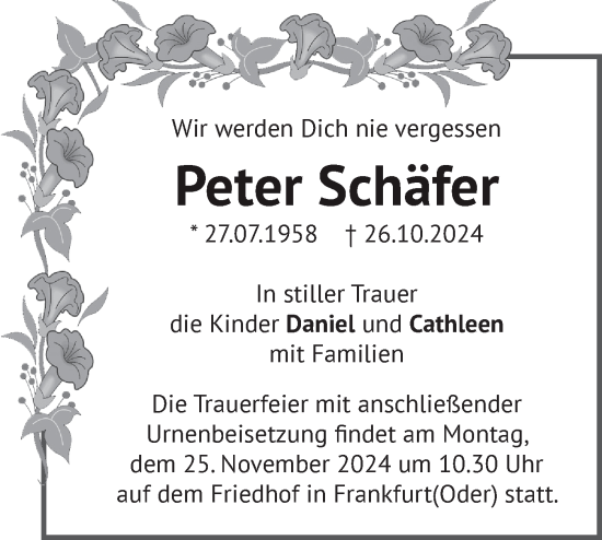 Traueranzeige von Peter Schäfer von Märkische Oderzeitung