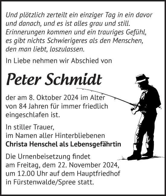 Traueranzeige von Peter Schmidt von Märkische Oderzeitung