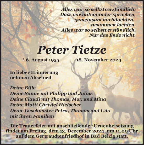 Traueranzeige von Peter Tietze von Märkische Oderzeitung