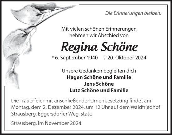 Traueranzeige von Regina Schöne von Märkische Oderzeitung