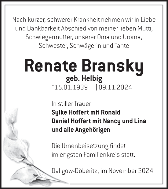 Traueranzeige von Renate Bransky von Märkische Oderzeitung