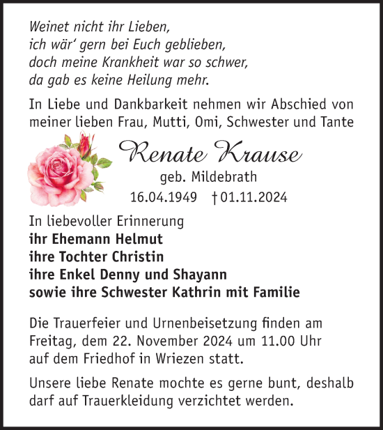 Traueranzeige von Renate Krause von Märkische Oderzeitung