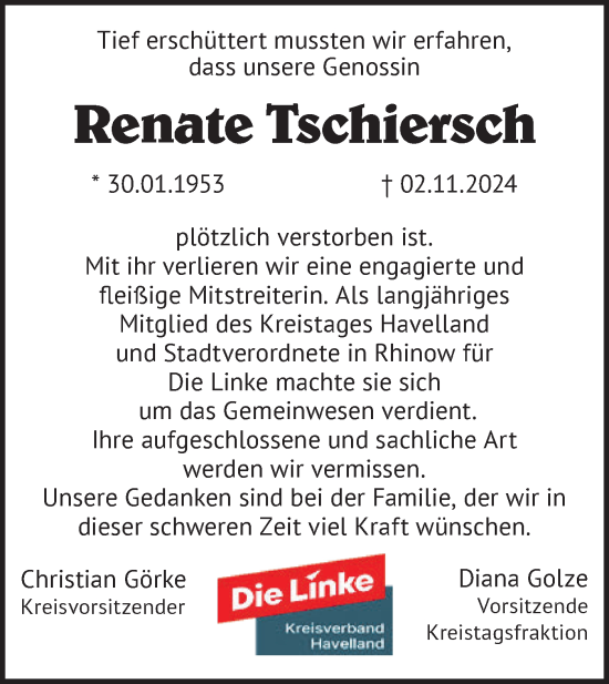 Traueranzeige von Renate Tschiersch von Märkische Oderzeitung