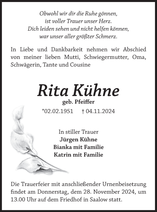 Traueranzeige von Rita Kühne von Märkische Oderzeitung