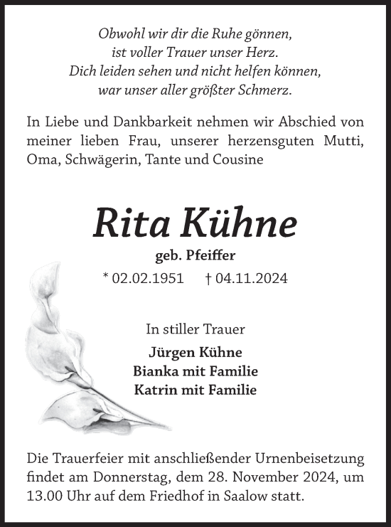 Traueranzeige von Rita Kühne von Märkische Oderzeitung