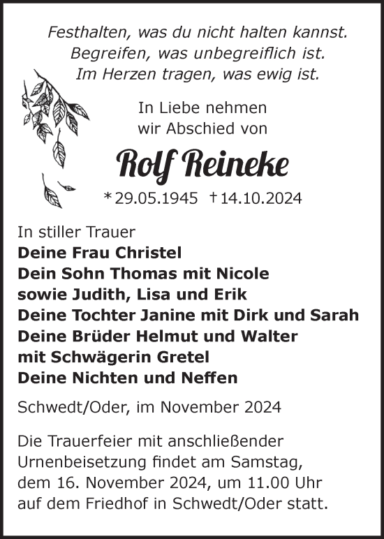 Traueranzeige von Rolf Reineke von Märkische Oderzeitung