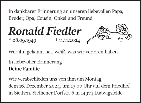 Traueranzeige von Ronald Fiedler von Märkische Oderzeitung