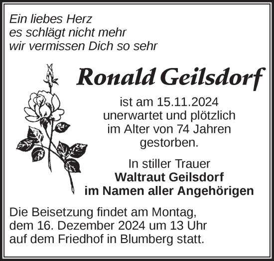 Traueranzeige von Ronald Geilsdorf von Märkische Oderzeitung