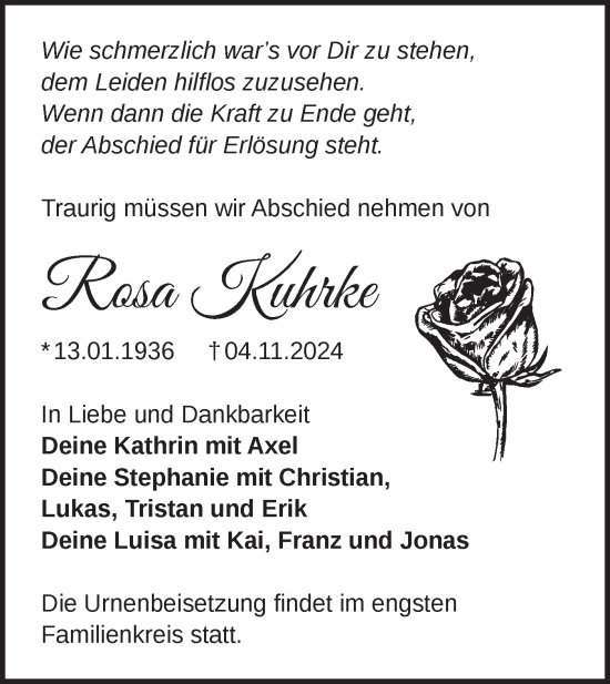 Traueranzeige von Rosa Kuhrke von Märkische Oderzeitung