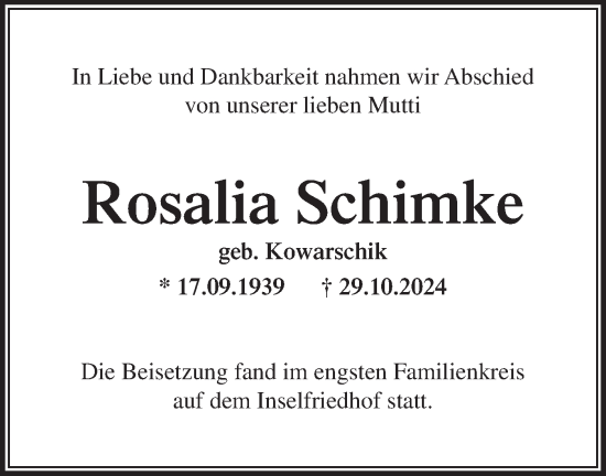 Traueranzeige von Rosalia Schimke von Märkische Oderzeitung