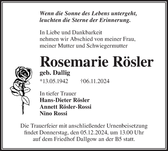 Traueranzeige von Rosemarie Rösler von Märkische Oderzeitung