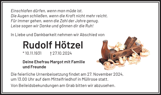 Traueranzeige von Rudolf Hötzel von Märkische Oderzeitung