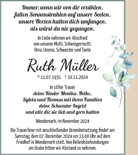 Traueranzeige von Ruth Müller von Märkische Oderzeitung