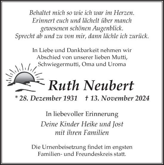 Traueranzeige von Ruth Neubert von Märkische Oderzeitung