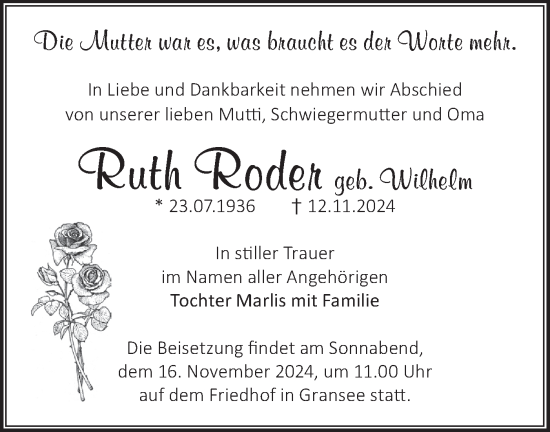 Traueranzeige von Ruth Roder von Märkische Oderzeitung