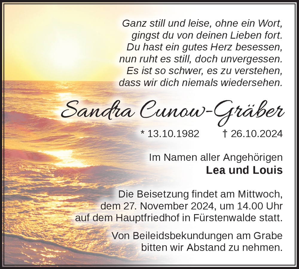  Traueranzeige für Sandra Cunow-Gräber vom 23.11.2024 aus Märkische Oderzeitung