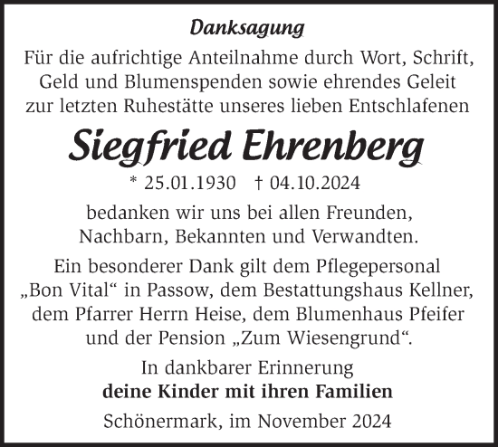 Traueranzeige von Siegfried Ehrenberg von Märkische Oderzeitung