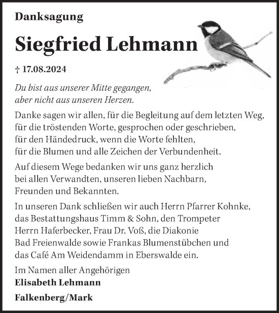 Traueranzeige von Siegfried Lehmann von Märkische Oderzeitung