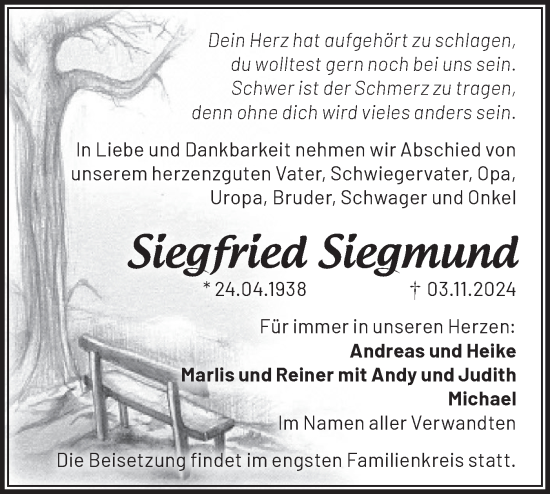 Traueranzeige von Siegfried Siegmund von Märkische Oderzeitung