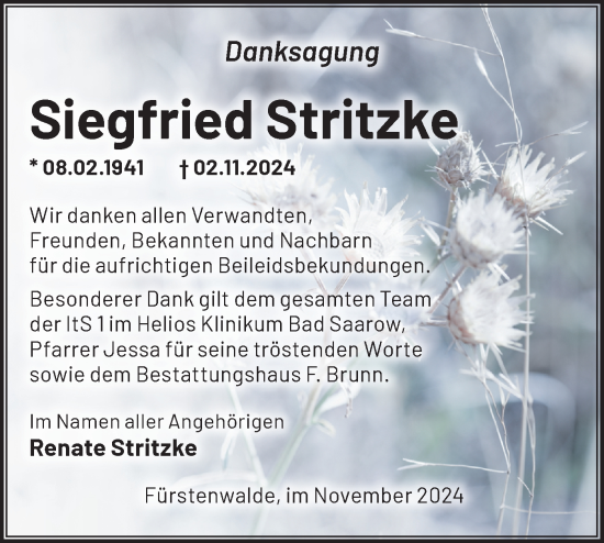 Traueranzeige von Siegfried Stritzke von Märkische Oderzeitung