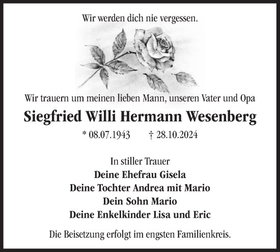 Traueranzeige von Siegfried  Wesenberg von Märkische Oderzeitung