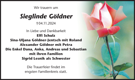 Traueranzeige von Sieglinde Göldner von Märkische Oderzeitung