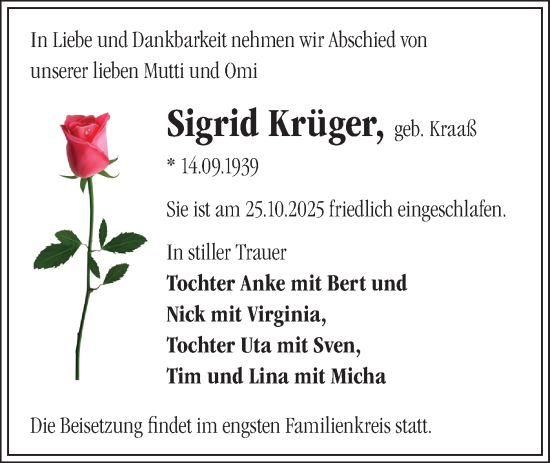 Traueranzeige von Sigrid Krüger von Märkische Oderzeitung