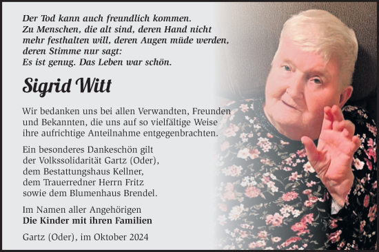 Traueranzeige von Sigrid Witt von Märkische Oderzeitung