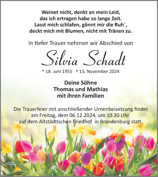 Traueranzeige von Silvia Schadt von Märkische Oderzeitung