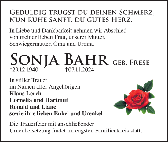 Traueranzeige von Sonja Bahr von Märkische Oderzeitung