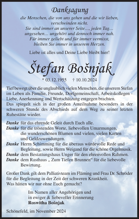 Traueranzeige von Stefan Bosnjak von Märkische Oderzeitung