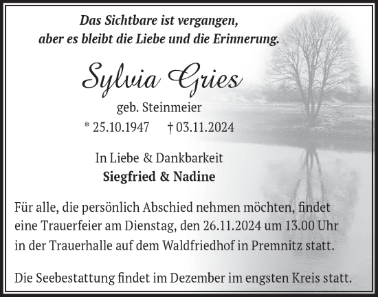 Traueranzeige von Sylvia Gries von Märkische Oderzeitung