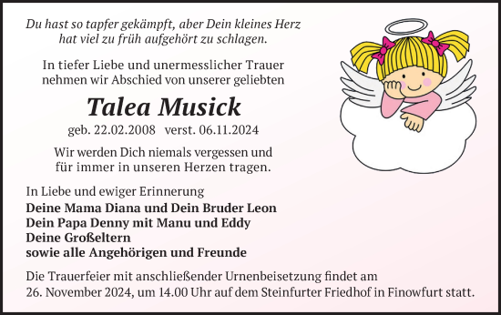 Traueranzeige von Talea Musick von Märkische Oderzeitung