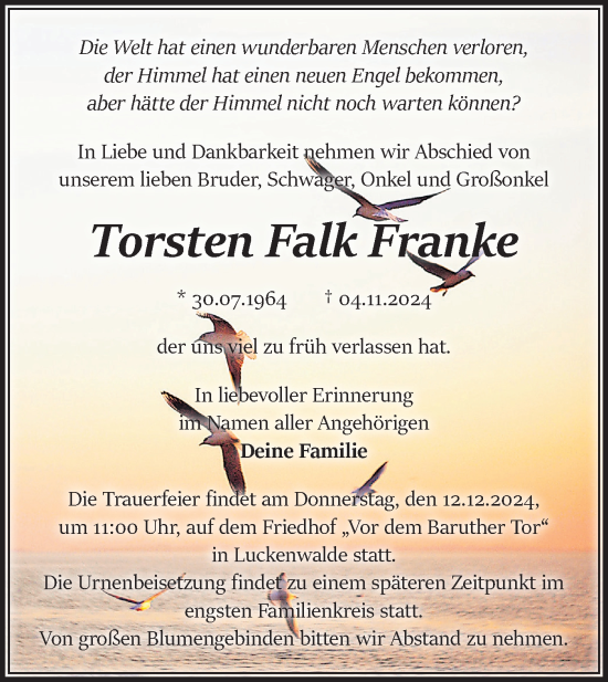 Traueranzeige von Torsten Falk Franke von Märkische Oderzeitung