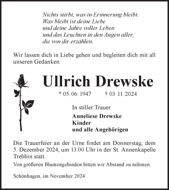 Traueranzeige von Ullrich Drewske von Märkische Oderzeitung