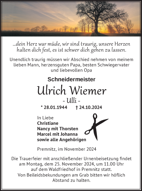 Traueranzeige von Ulrich Wiemer von Märkische Oderzeitung