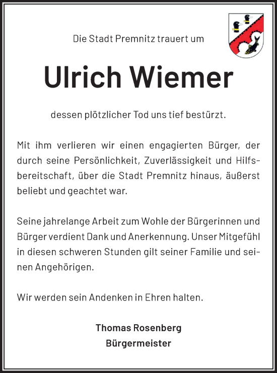 Traueranzeige von Ulrich Wiemer von Märkische Oderzeitung