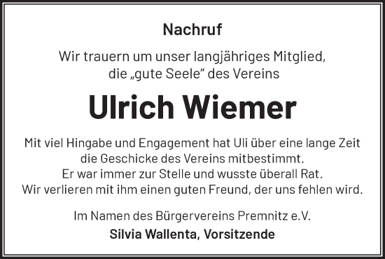 Traueranzeige von Ulrich Wiemer von Märkische Oderzeitung