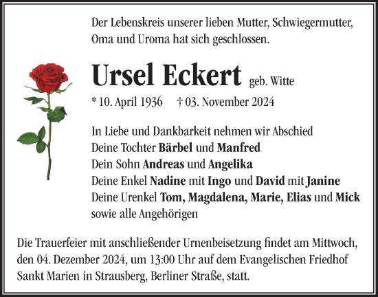 Traueranzeige von Ursel Eckert von Märkische Oderzeitung