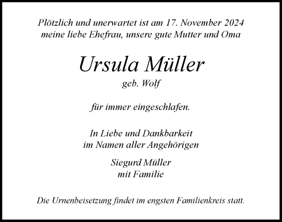 Traueranzeige von Ursula Müller von Märkische Oderzeitung