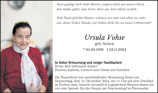 Traueranzeige von Ursula Vohse von Märkische Oderzeitung