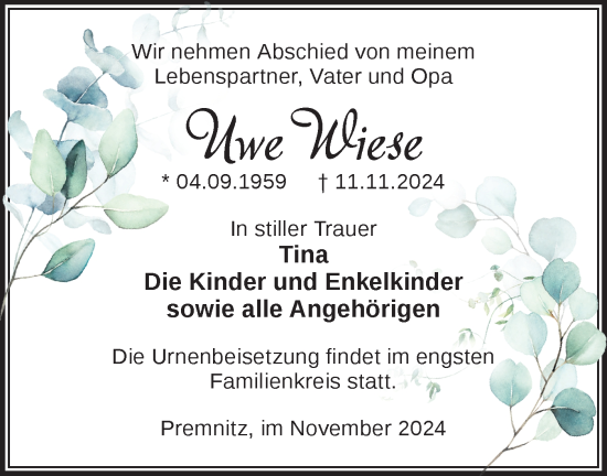 Traueranzeige von Uwe Wiese von Märkische Oderzeitung