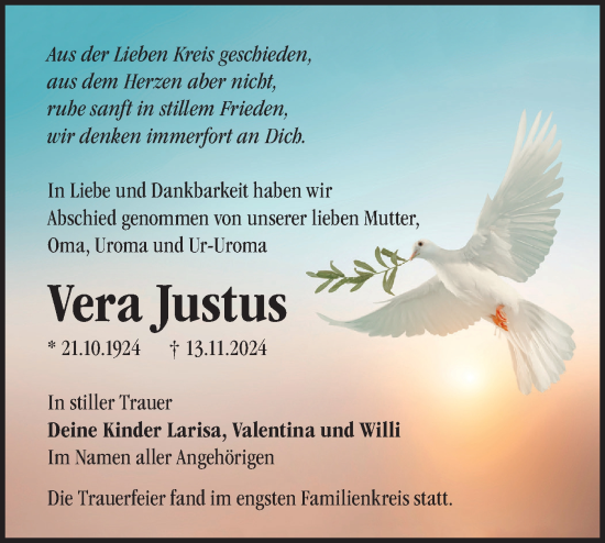 Traueranzeige von Vera Justus von Märkische Oderzeitung