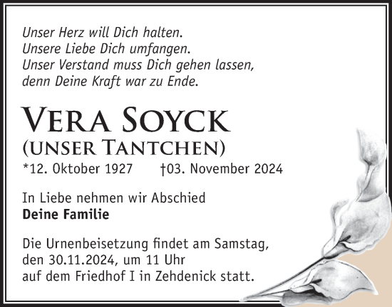 Traueranzeige von Vera Soyck von Märkische Oderzeitung